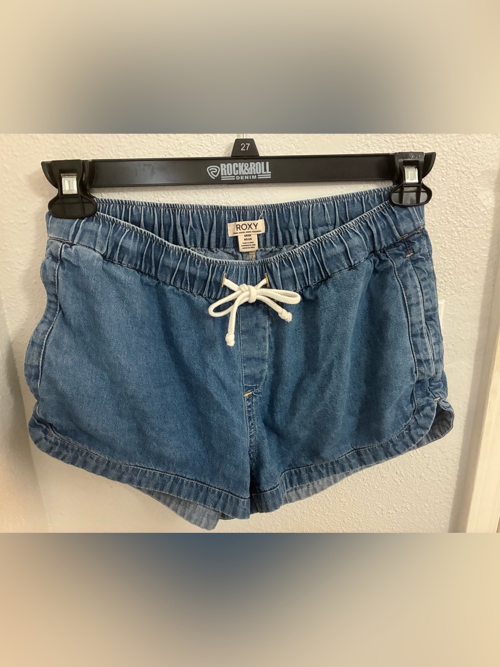 Roxy Women's Light Blue Elastic Waist Denim Shorts with Drawstring